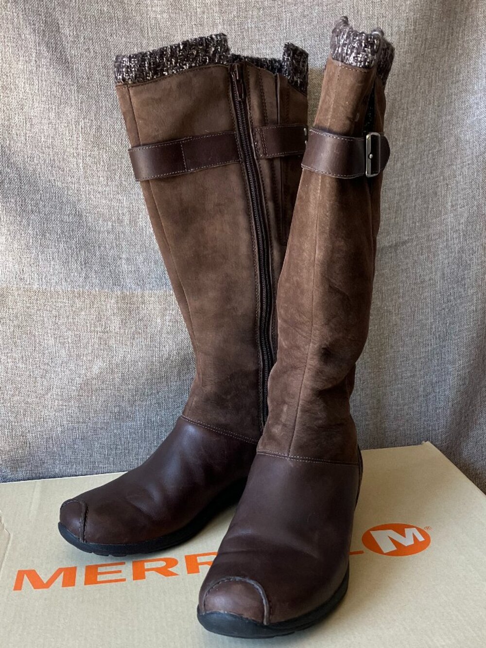 Merrell Martina Waterproof Boots Women 8 Suede Leather Knit Cuff, Espresso EUC